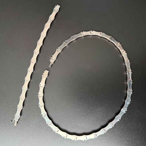 Vintage Sterling Silver Bamboo Link Choker Necklace & Bracelet Set 925 Italy 17" - Picture 16 of 16